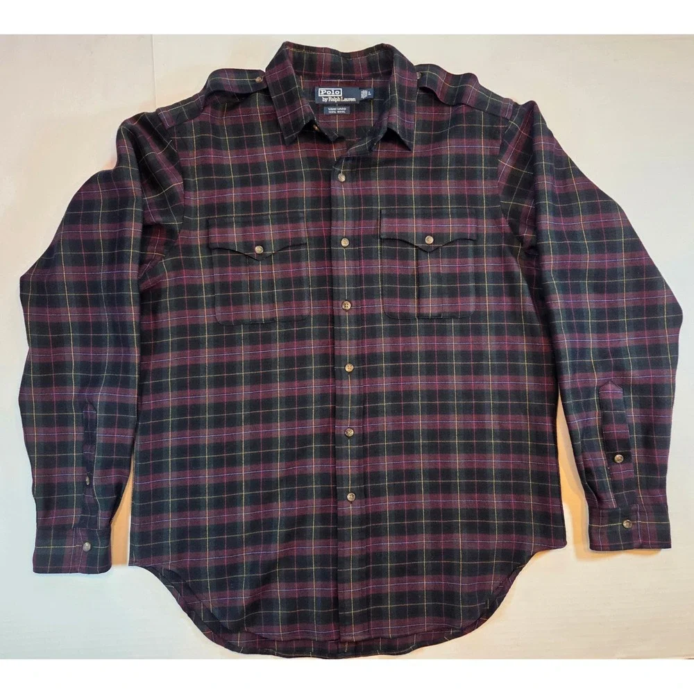 Polo Ralph Lauren Vanguard Wool Plaid Shirt Mens Large Burgundy Green Epaulets